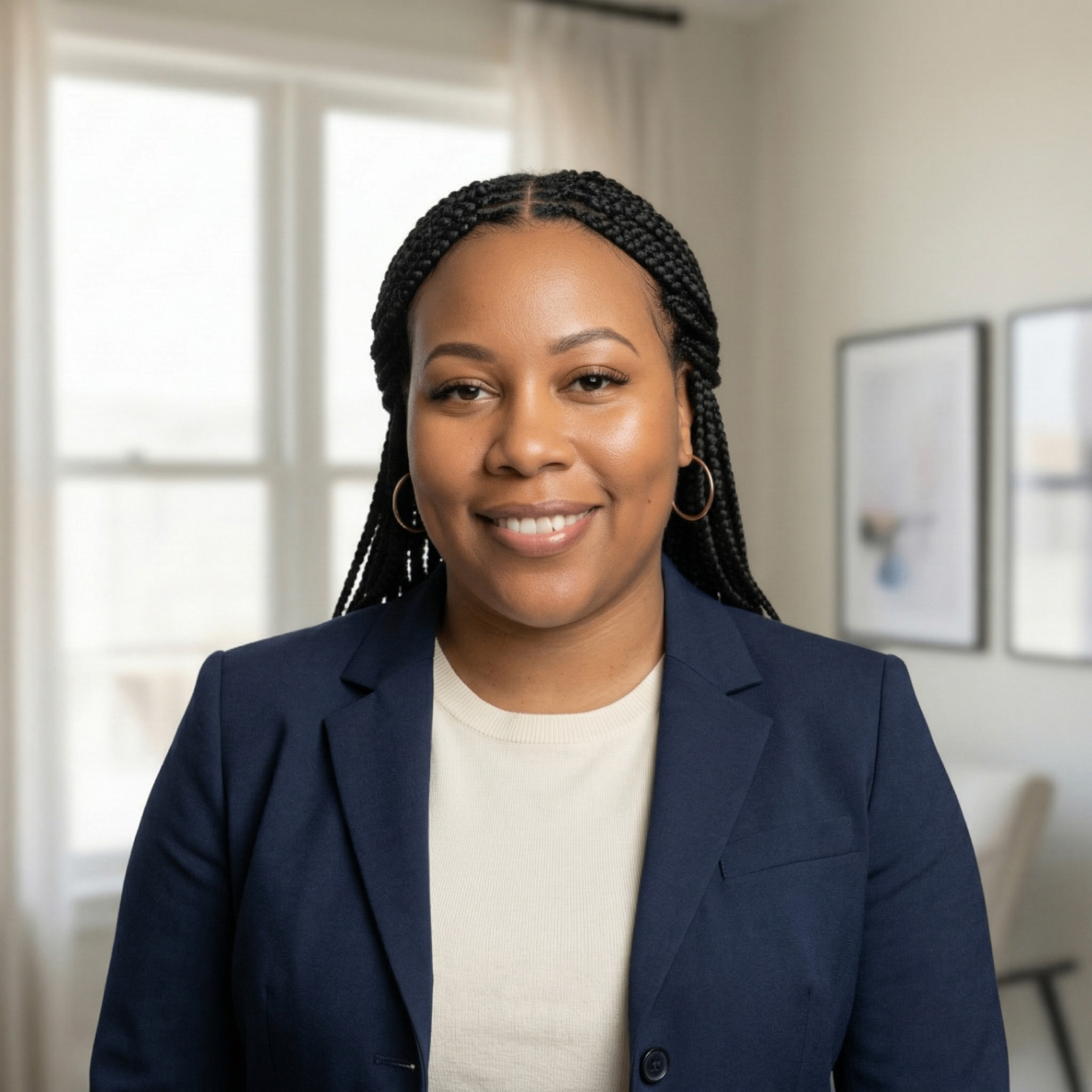 Portrait of Nekia Williams, founder of The Aligned Pivot, in a cream linen shirt beside soft window light.