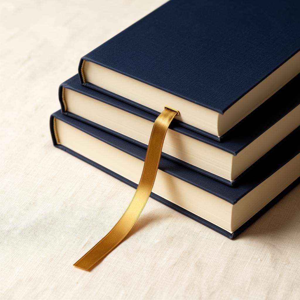Stack of navy hardcover books with an antique gold bookmark on cream linen.