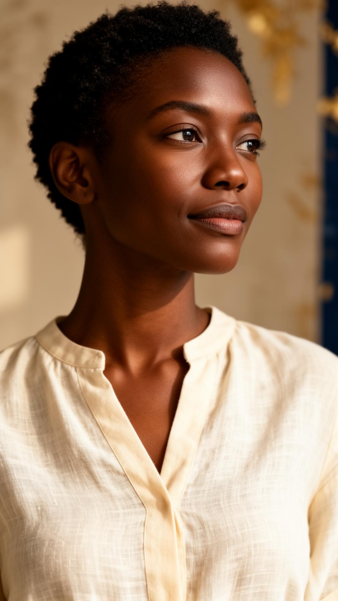 A woman in cream linen pausing at a sunlit window, considering her next chapter.